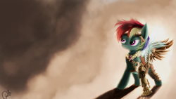 Size: 3840x2160 | Tagged: dead source, safe, artist:peasantb, rainbow dash, cyborg, pegasus, pony, amputee, artificial wings, augmented, element of loyalty, goggles, high res, mechanical wing, prosthetic leg, prosthetic limb, prosthetic wing, prosthetics, solo, steampunk, wings