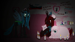 Size: 1860x1046 | Tagged: safe, artist:mixermike622, queen chrysalis, oc, oc:fluffle puff, oc:marksaline, changeling, changeling queen, female, poofle universe, red changeling, summoning circle