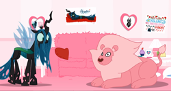 Size: 1366x730 | Tagged: safe, artist:mixermike622, queen chrysalis, oc, oc:fluffle puff, big cat, changeling, changeling queen, lion, crossover, female, heart, heart pillow, pillow, poofle universe, steven universe, summoning circle, surprised