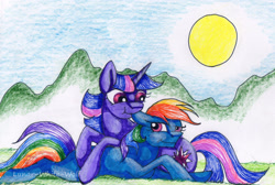 Size: 2344x1572 | Tagged: safe, artist:lunar-white-wolf, derpibooru import, rainbow dash, twilight sparkle, pegasus, pony, ear bite, female, lesbian, shipping, traditional art, twidash