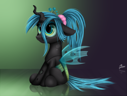 Size: 1600x1200 | Tagged: safe, artist:luminousdazzle, queen chrysalis, changeling, changeling queen, nymph, alternate hairstyle, cute, cutealis, female, floppy ears, ponytail, scrunchie, sitting, smiling, solo, young, younger