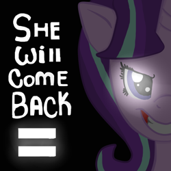 Size: 540x540 | Tagged: safe, artist:apple-jazzy, starlight glimmer, pony, unicorn, equal cutie mark, evil grin, five nights at aj's, five nights at freddy's, five nights at pinkie's, glowing eyes, grin, purple guy, quote, solo, springtrap