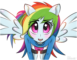 Size: 550x432 | Tagged: safe, artist:tsudashie, derpibooru import, rainbow dash, equestria girls, blushing, cute, dashabetes, looking at you, ponied up, pony ears, questionable source, solo, wings