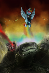 Size: 1280x1920 | Tagged: safe, artist:peasantb, rainbow dash, tank, pegasus, pony, clothes, female, flying, giant tank, goggles, mare, shoulder cannon, spread wings, uniform, wings