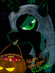 Size: 1280x1707 | Tagged: safe, artist:arcanelexicon, queen chrysalis, changeling, changeling queen, candy, clothes, costume, halloween, jack-o-lantern, pumpkin