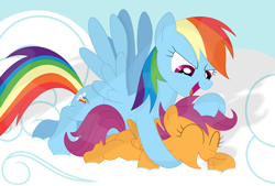 Size: 3518x2385 | Tagged: safe, artist:porygon2z, derpibooru import, rainbow dash, scootaloo, pegasus, pony, backwards cutie mark, cloud, cute, noogie, scootalove, vector