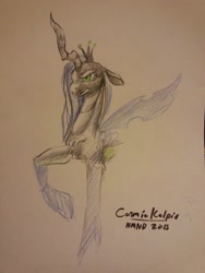 Size: 2448x3264 | Tagged: safe, artist:cosmickelpie, derpibooru exclusive, queen chrysalis, changeling, changeling queen, colored pencil drawing, female, sketch, solo, traditional art