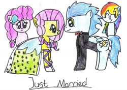 Size: 1653x1169 | Tagged: safe, artist:colourpelt, derpibooru import, fluttershy, pinkie pie, rainbow dash, soarin', earth pony, pegasus, pony, clothes, dress, female, male, shipping, soarinshy, straight, traditional art, tuxedo, wedding, wedding dress