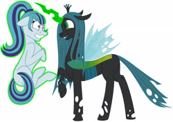 Size: 2573x1813 | Tagged: safe, artist:datrandomcat, queen chrysalis, sonata dusk, changeling, changeling queen, magic, telekinesis