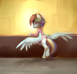 Size: 3400x3252 | Tagged: safe, artist:lilfunkman, derpibooru import, rainbow dash, pegasus, pony, alternate hairstyle, clothes, cute, dashabetes, hair bun, moe, shirt, solo, spread wings, wings