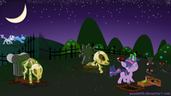 Size: 1920x1080 | Tagged: dead source, safe, artist:peasantb, night light, twilight sparkle, twilight velvet, undead, unicorn, female, filly, graveyard, male, mare, necromancy, skeleton, stallion