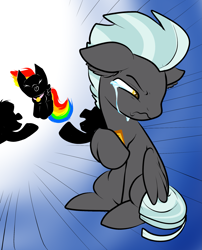 Size: 1759x2182 | Tagged: safe, artist:heyerika, derpibooru import, rainbow dash, thunderlane, pegasus, pony, age regression, colt, crying, jealous, male, silhouette, younger