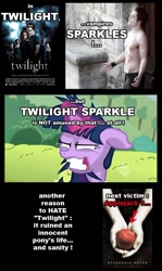 Size: 653x1097 | Tagged: safe, derpibooru import, twilight sparkle, vampire, apple, bella swan, crossover, hate, insanity, photo, sparkles, twilight (series)