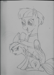 Size: 5100x7014 | Tagged: safe, artist:taurson, derpibooru import, rainbow dash, windy whistles, pegasus, pony, absurd resolution, annoyed, female, mare, monochrome, mother and child, mother and daughter, open mouth, parent and child, smiling, traditional art, younger