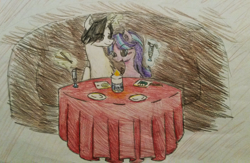 Size: 1024x668 | Tagged: safe, artist:fullmetalvocaloid, starlight glimmer, oc, oc:otto cratic, pony, unicorn, blushing, candle, canon x oc, chopsticks, cocktail, date, food, glass, plate, shipping, sushi, table, tablecloth, traditional art