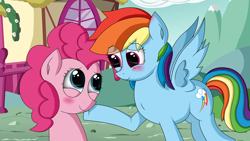 Size: 3264x1836 | Tagged: safe, artist:zsparkonequus, derpibooru import, pinkie pie, rainbow dash, earth pony, pegasus, pony, female, lesbian, looking at each other, mare, pinkiedash, ponyville, shipping, smiling