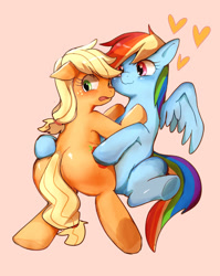 Size: 500x629 | Tagged: safe, artist:aki-tam, derpibooru import, applejack, rainbow dash, earth pony, pegasus, pony, appledash, female, heart, lesbian, pixiv, shipping