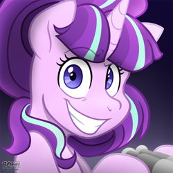 Size: 540x540 | Tagged: safe, artist:bcpony, starlight glimmer, pony, unicorn, what about discord?, binoculars, bust, dreamworks face, evil grin, female, grin, hoof hold, looking at you, mare, raised eyebrow, signature, smiling, snaplight glimmer, solo, soon, starlight stalker, wide eyes