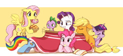 Size: 1200x554 | Tagged: safe, artist:aki-tam, derpibooru import, applejack, fluttershy, pinkie pie, rainbow dash, rarity, spike, twilight sparkle, dragon, earth pony, pegasus, pony, unicorn, kotatsu, mane seven, mane six, orange, pixiv