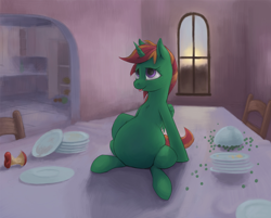 Size: 1344x1080 | Tagged: safe, artist:difetra, oc, oc only, oc:borealis, alicorn, pony, alicorn oc, apple core, belly, big belly, bloated, chest fluff, cute, food, pea, sitting, solo, stuffed, stuffing, tongue out