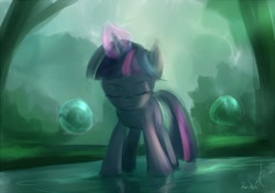 Size: 800x563 | Tagged: safe, artist:raikoh, derpibooru import, twilight sparkle, lake, magic, tree, water