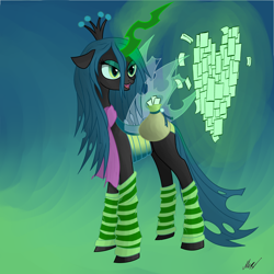 Size: 2400x2400 | Tagged: safe, artist:soveno, queen chrysalis, changeling, changeling queen, clothes, heart, magic, scarf, socks, solo