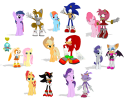 Size: 1024x812 | Tagged: safe, artist:harmony--bunny, derpibooru import, applejack, fluttershy, pinkie pie, rainbow dash, rarity, starlight glimmer, sunset shimmer, twilight sparkle, earth pony, pegasus, pony, unicorn, 3d, amy rose, blaze the cat, cream the rabbit, crossover, knuckles the echidna, mane six, miles "tails" prower, mmd, rouge the bat, shadow the hedgehog, sonic the hedgehog, sonic the hedgehog (series)