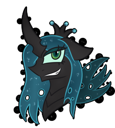 Size: 1224x1363 | Tagged: safe, artist:mistresscorruption, queen chrysalis, changeling, changeling queen, evil grin, female, grin, hair over one eye, simple background, smiling, solo, transparent background