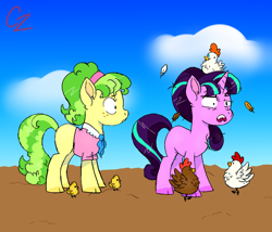 Size: 1024x878 | Tagged: safe, artist:hateful-minds, chickadee, ms. peachbottom, starlight glimmer, chicken, pony, unicorn, missing cutie mark