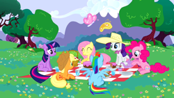 Size: 1280x720 | Tagged: safe, derpibooru import, screencap, applejack, fluttershy, pinkie pie, rainbow dash, rarity, twilight sparkle, earth pony, pegasus, pony, unicorn, a canterlot wedding, mane six, picnic