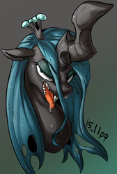 Size: 818x1214 | Tagged: safe, artist:nekubi, queen chrysalis, changeling, changeling queen, bust, drool, fangs, female, gradient background, kitchen eyes, open mouth, solo, tongue out