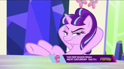 Size: 1920x1080 | Tagged: dead source, safe, screencap, starlight glimmer, pony, unicorn, the cutie re-mark, crossed legs, discovery family, discovery family logo, evil grin, friendship throne, like a boss, pure unfiltered evil, raised eyebrow, s5 starlight, smug, smuglight glimmer, welcome home twilight
