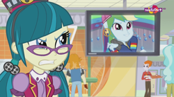 Size: 1136x638 | Tagged: safe, derpibooru import, screencap, crimson napalm, heath burns, juniper montage, paisley, rainbow dash, valhallen, dance magic, equestria girls, mirror magic, spoiler:eqg specials, angry, background human, canterlot mall, female, glasses, male, rapper dash, teletoon, television