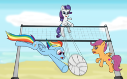 Size: 1600x1000 | Tagged: safe, artist:eulicious, derpibooru import, rainbow dash, rarity, scootaloo, pegasus, pony, unicorn, beach, cloud, net, sweat, volleyball, water