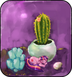 Size: 1728x1843 | Tagged: safe, artist:hereticalrants, derpibooru import, twilight sparkle, cactus, pot, rock, sleeping