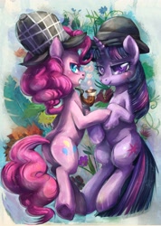 Size: 3825x5363 | Tagged: safe, artist:buttercupsaiyan, derpibooru import, pinkie pie, twilight sparkle, earth pony, pony, bipedal, blushing, clothes, hat, sherlock holmes