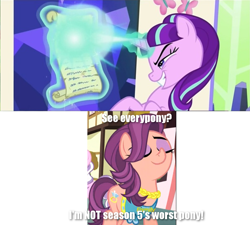 Size: 1279x1152 | Tagged: safe, screencap, diamond tiara, spoiled rich, starlight glimmer, pony, unicorn, crusaders of the lost mark, the cutie re-mark, image macro, meme, meta, op is a cuck, op is trying to start shit, spoiled rich drama, starlight glimmer is worst pony, telling lies, worst pony