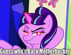 Size: 720x557 | Tagged: safe, edit, edited screencap, screencap, starlight glimmer, pony, unicorn, the cutie re-mark, friendship throne, glowing eyes, glowing eyes meme, glowing horn, image macro, like a boss, meme, pure unfiltered evil, s5 starlight, smug, smuglight glimmer, welcome home twilight