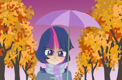 Size: 685x448 | Tagged: safe, artist:bikkisu, derpibooru import, twilight sparkle, autumn, clothes, humanized, scarf, umbrella, winter