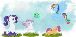 Size: 2484x1200 | Tagged: safe, artist:miyathegoldenflower, derpibooru import, rainbow dash, rarity, scootaloo, sweetie belle, pegasus, pony, unicorn, ball, cutie mark, eyes closed, female, filly, flying, grass, jumping, playing, ponytail, sky, smiling, spread wings, the cmc's cutie marks, wings