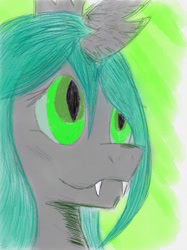 Size: 1280x1707 | Tagged: safe, artist:arcanelexicon, queen chrysalis, changeling, changeling queen, female, green eyes, horn, solo
