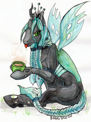 Size: 1500x2000 | Tagged: dead source, safe, artist:amber-wind, queen chrysalis, changeling, changeling queen, alternate hairstyle, braid, coffee, female, food, solo, tongue out, traditional art