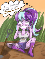 Size: 2728x3561 | Tagged: safe, artist:sumin6301, starlight glimmer, equestria girls, cleavage, clothes, equestria girls-ified, female, frustration, midriff, s5 starlight, shovel, skirt, solo, staff, staff of sameness, tanktop, thought bubble, upskirt denied