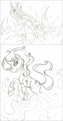 Size: 1403x2702 | Tagged: safe, artist:rossmaniteanzu, king sombra, queen chrysalis, changeling, changeling queen, pony, unicorn, female, horn, male, monochrome, simple background, stallion, white background