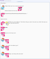 Size: 867x1018 | Tagged: safe, artist:dziadek1990, derpibooru import, derpy hooves, pinkie pie, rainbow dash, earth pony, pegasus, pony, conversation, dialogue, emote story, emotes, lottery, oblivious, pizza delivery, priorities, reddit, skewed priorities, slice of life, text