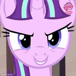 Size: 800x800 | Tagged: safe, screencap, starlight glimmer, pony, unicorn, the cutie map, the cutie re-mark, cropped, evil, evil grin, female, grin, looking at you, mare, my little pony logo, official, s5 starlight, solo
