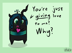 Size: 536x396 | Tagged: safe, artist:evan555alpha, queen chrysalis, changeling, changeling queen, blushing, chibi, confused, cute, cutealis, dialogue, female, heart, simple background, solo