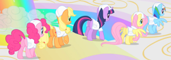 Size: 821x290 | Tagged: safe, derpibooru import, screencap, applejack, fluttershy, pinkie pie, rainbow dash, twilight sparkle, unicorn twilight, earth pony, pegasus, pony, unicorn, sonic rainboom (episode), cropped, female, hard hat, liquid rainbow, mare, plot, weather factory uniform