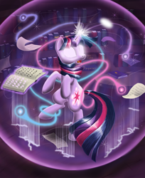 Size: 1100x1348 | Tagged: safe, artist:sirzi, derpibooru import, twilight sparkle, book, glowing eyes, magic, solo, spell gone wrong