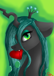 Size: 2480x3496 | Tagged: safe, artist:moon-wing, queen chrysalis, changeling, changeling queen, blood, bust, heart, looking at you, mouth hold, portrait, solo